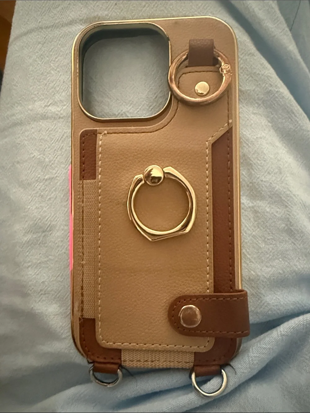 Brown Faux Leatherette iPhone 16 Pro Case with Gold Ring Holder